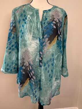 Ambrosia semi sheer long sleeves top artsy peacock colors SZ 14